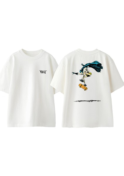 Batman Kaykay Tasarım Sırt Baskılı Pamuk Beyaz Oversize T-Shirt