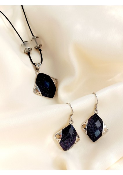 925 Ayar Gümüş Doğal Şekilli Yıldız-Necef Doğal Taşlı Siyah Lale Kadın Kolye Küpe Set