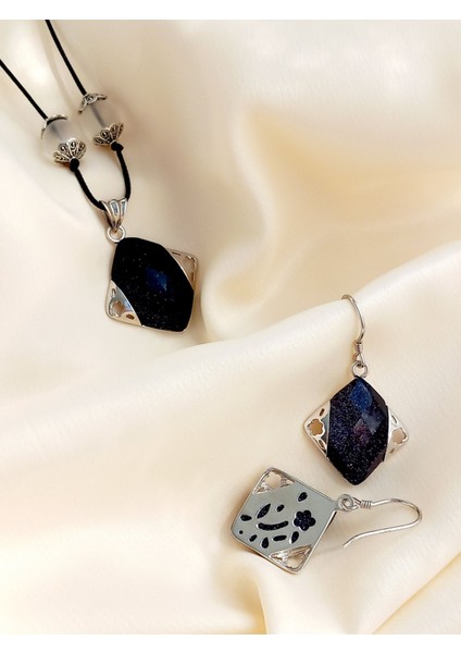 925 Ayar Gümüş Doğal Şekilli Yıldız-Necef Doğal Taşlı Siyah Lale Kadın Kolye Küpe Set indirimleri