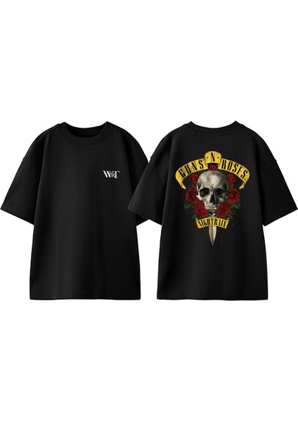 Guns N Roses Rock Müzik 4 Tasarım Sırt Baskılı Pamuk Siyah Oversize T-Shirt
