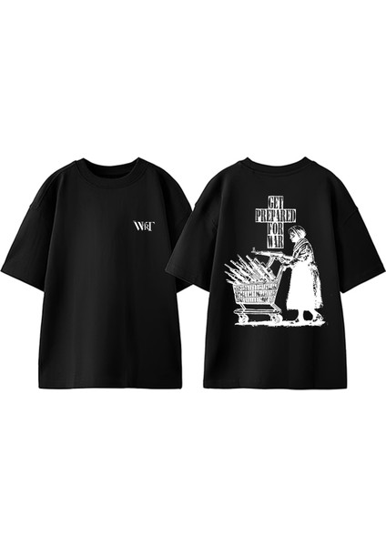 War Alış Veriş Tasarım Sırt Baskılı Pamuk Siyah Oversize T-Shirt