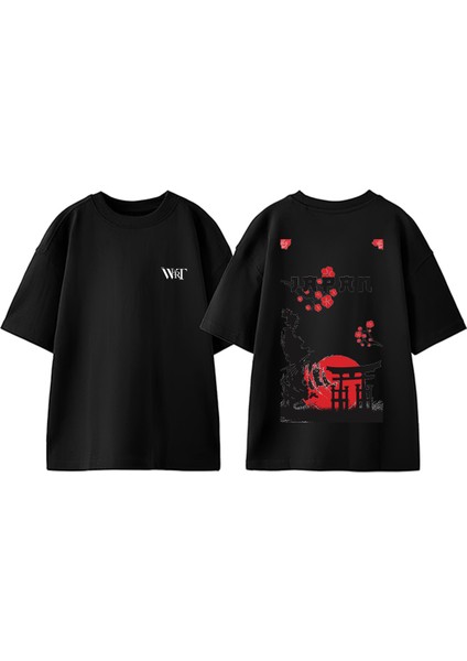 Japanese 4 Tasarım Sırt Baskılı Pamuk Siyah Oversize T-Shirt