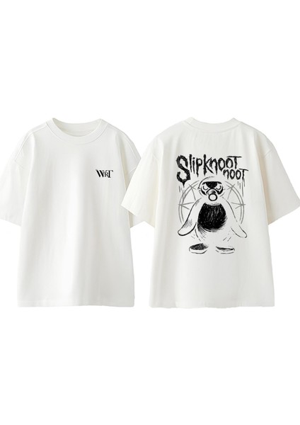 Slipknot Rock Müzik 9 Tasarım Sırt Baskılı Pamuk Beyaz Oversize T-Shirt