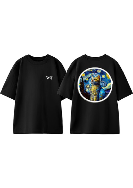 Van Gogh 4 Tasarım Sırt Baskılı Pamuk Siyah Oversize T-Shirt