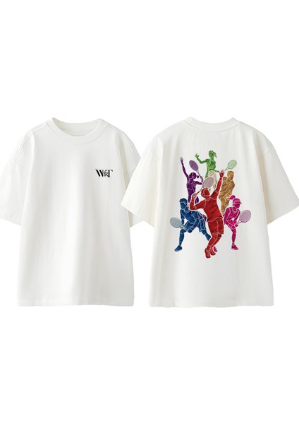 Tennis 2 Tasarım Sırt Baskılı Pamuk Beyaz Oversize T-Shirt