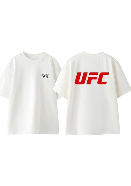 Ufc 1 Tasarım Sırt Baskılı Pamuk Beyaz Oversize T-Shirt