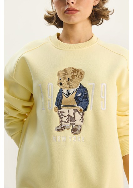 Kadın Bisiklet Yaka Teddy Nakış Detaylı Sweat