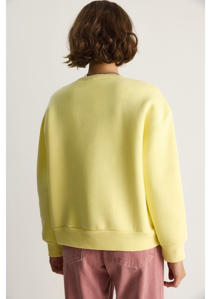 Kadın Bisiklet Yaka Kalp Nakışlı Şardonlu Üç Iplik Sweatshirt