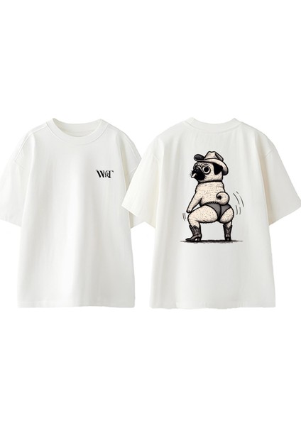 Dog Twerking Tasarım Sırt Baskılı Pamuk Beyaz Oversize T-Shirt