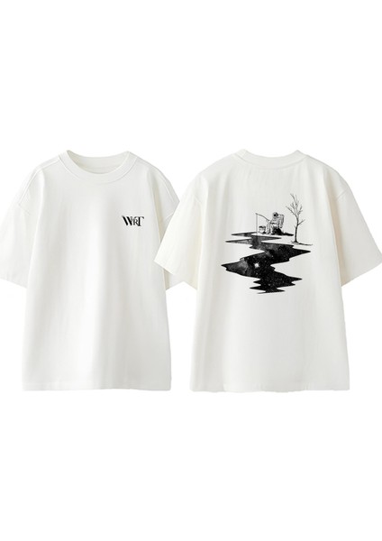 Fishher 5 Tasarım Sırt Baskılı Pamuk Beyaz Oversize T-Shirt