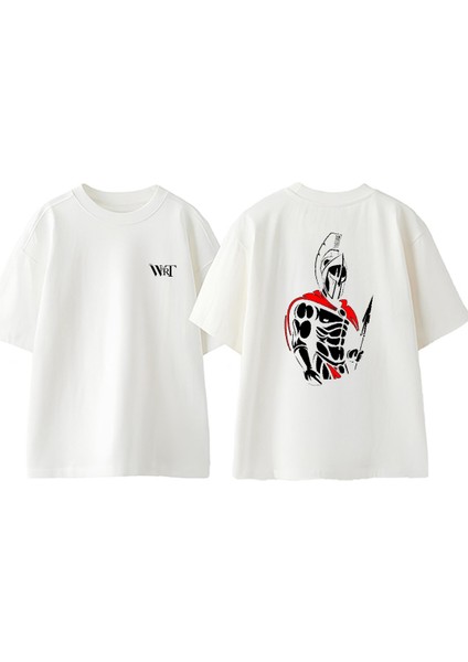 Spartan 2 Tasarım Sırt Baskılı Pamuk Beyaz Oversize T-Shirt