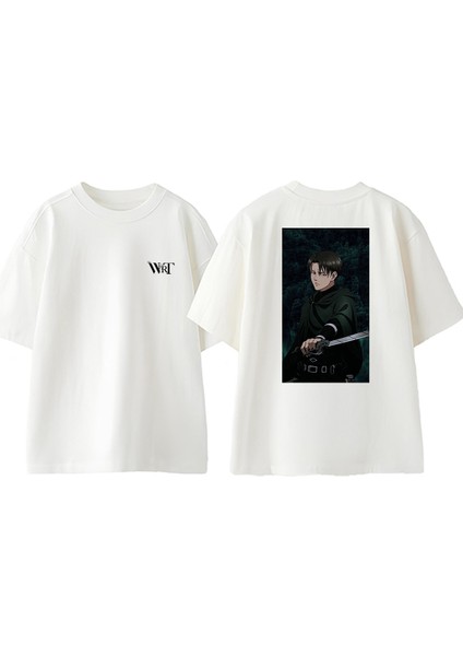 Attack On Titan Levi4 Tasarım Sırt Baskılı Pamuk Beyaz Oversize T-Shirt