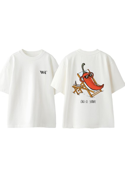 Chilli 2 Tasarım Sırt Baskılı Pamuk Beyaz Oversize T-Shirt