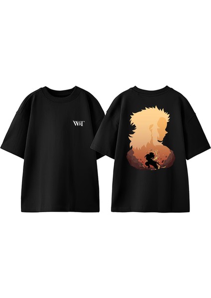 Rengoku Kyojuro Tasarım Sırt Baskılı Pamuk Siyah Oversize T-Shirt