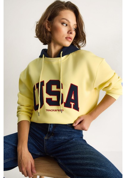 Kadın Usa Işlemeli Şardonlu Kapüşonlu Salaş Sweatshirt