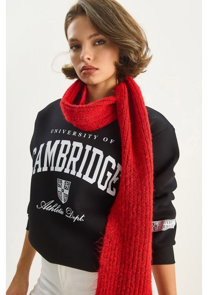 Kadın Bisiklet Yaka Baskılı Üç Iplik Şardonlu Basic Sweatshirt