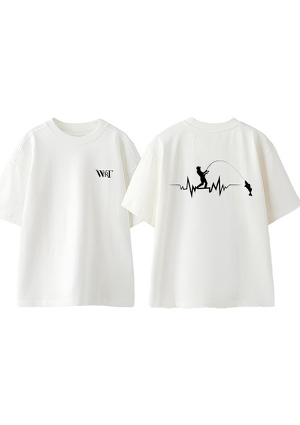 Fishher 4 Tasarım Sırt Baskılı Pamuk Beyaz Oversize T-Shirt