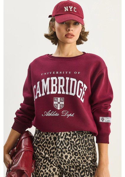 Kadın Bisiklet Yaka Baskılı Üç Iplik Şardonlu Basic Sweatshirt