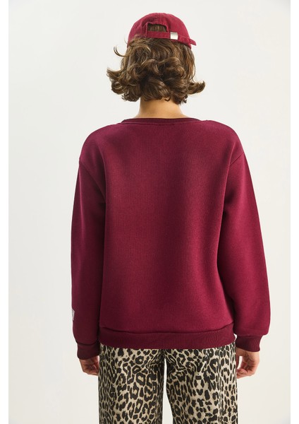 Kadın Bisiklet Yaka Baskılı Üç Iplik Şardonlu Basic Sweatshirt