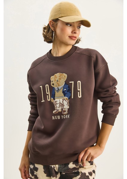 Kadın Bisiklet Yaka Teddy Nakış Detaylı Sweat