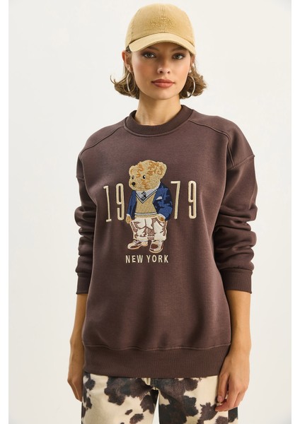 Kadın Bisiklet Yaka Teddy Nakış Detaylı Sweat