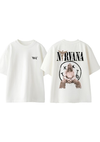 Nirvana 4 Tasarım Sırt Baskılı Pamuk Beyaz Oversize T-Shirt