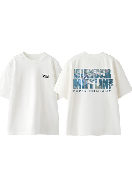 Dunder Mifflin Tasarım Sırt Baskılı Pamuk Beyaz Oversize T-Shirt
