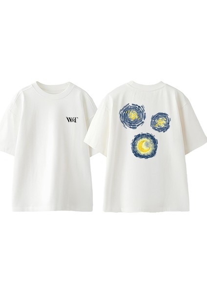 Van Gogh 6 Tasarım Sırt Baskılı Pamuk Beyaz Oversize T-Shirt