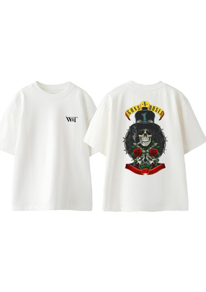Guns N Roses 14 Tasarım Sırt Baskılı Pamuk Beyaz Oversize T-Shirt