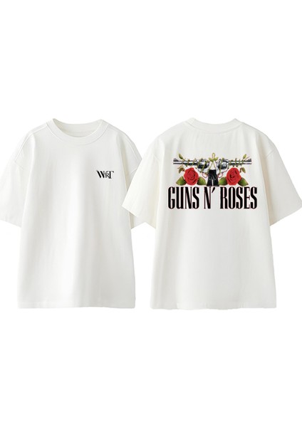 Guns N Roses 20 Tasarım Sırt Baskılı Pamuk Beyaz Oversize T-Shirt