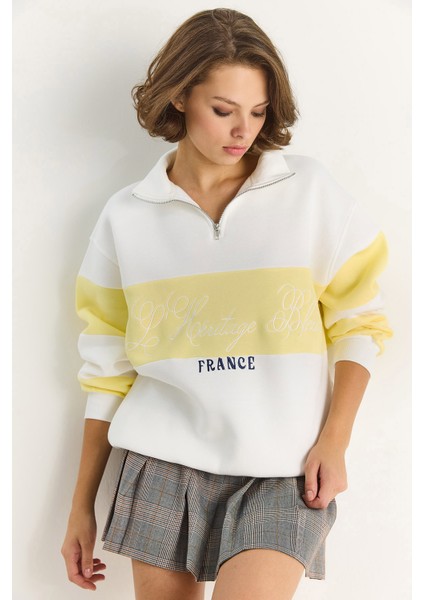 Kadın Yarım Fermuarlı Nakış Detaylı Renk Bloklu Oversize Sweatshirt fiyatları