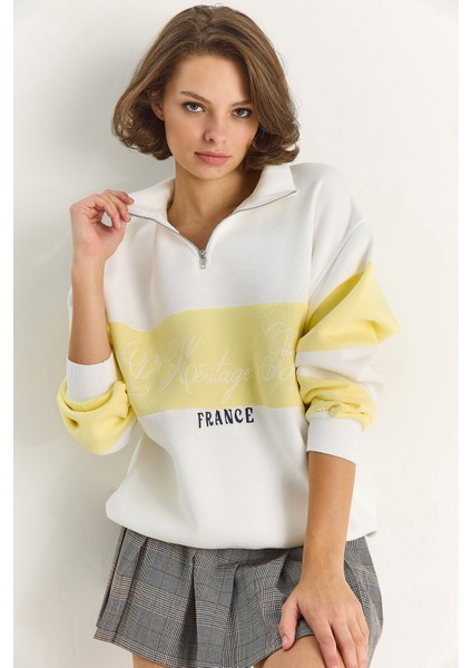 Kadın Yarım Fermuarlı Nakış Detaylı Renk Bloklu Oversize Sweatshirt modelleri
