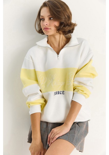 Kadın Yarım Fermuarlı Nakış Detaylı Renk Bloklu Oversize Sweatshirt fırsatları