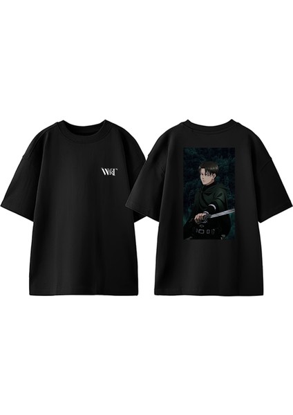 Attack On Titan Levi4 Tasarım Sırt Baskılı Pamuk Siyah Oversize T-Shirt