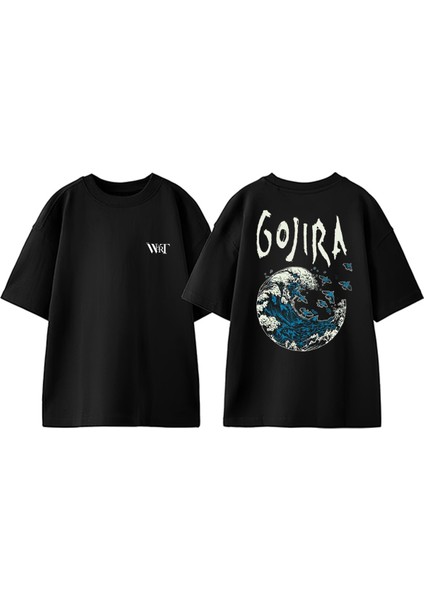 Gojira 6 Tasarım Sırt Baskılı Pamuk Siyah Oversize T-Shirt