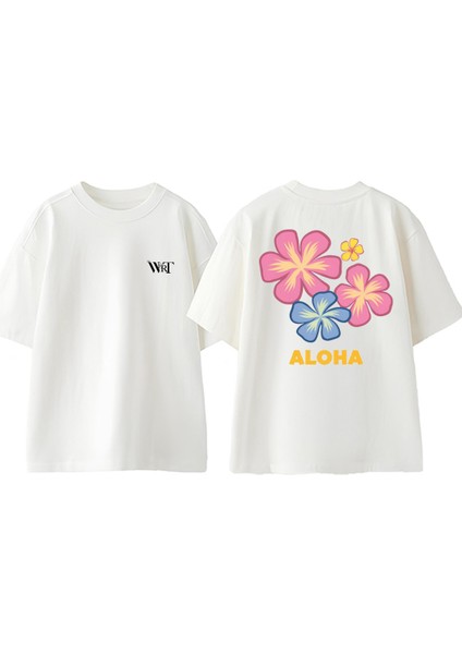 Aloha Çiçek Tasarım Sırt Baskılı Pamuk Beyaz Oversize T-Shirt
