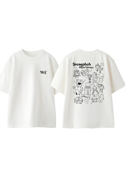 Spongebob Flash Çizimler Tasarım Sırt Baskılı Pamuk Beyaz Oversize T-Shirt