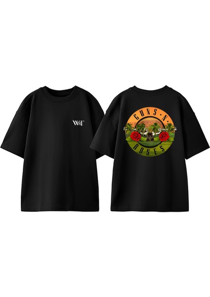 Guns N Roses 21 Tasarım Sırt Baskılı Pamuk Siyah Oversize T-Shirt