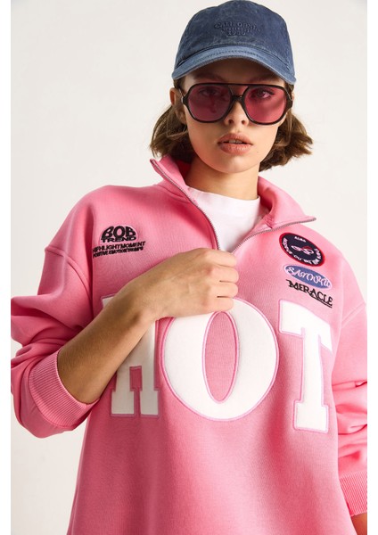 Kadın Fermuarlı Dik Yaka Işlemeli Üç Iplik Şardonlu Oversize Sweatshirt fırsatları