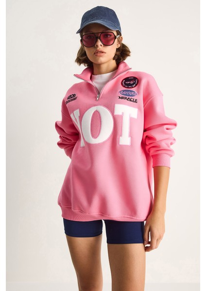 Kadın Fermuarlı Dik Yaka Işlemeli Üç Iplik Şardonlu Oversize Sweatshirt indirimleri
