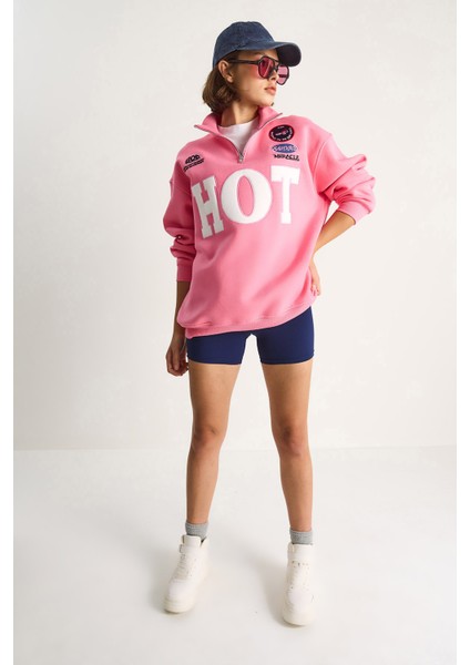 Kadın Fermuarlı Dik Yaka Işlemeli Üç Iplik Şardonlu Oversize Sweatshirt