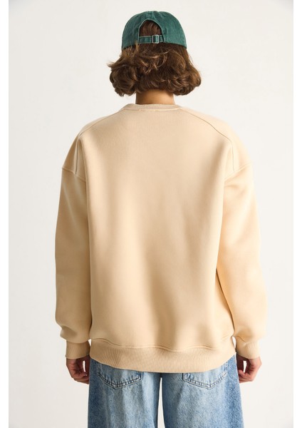 Kadın Bisiklet Yaka Teddy Nakış Detaylı Sweat