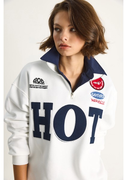 Kadın Fermuarlı Dik Yaka Işlemeli Üç Iplik Şardonlu Oversize Sweatshirt
