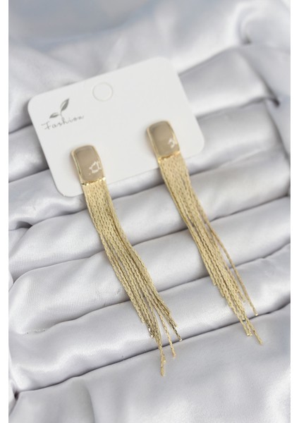 Sallantılı Krem Mineli Gold Renk Kadın Küpe
