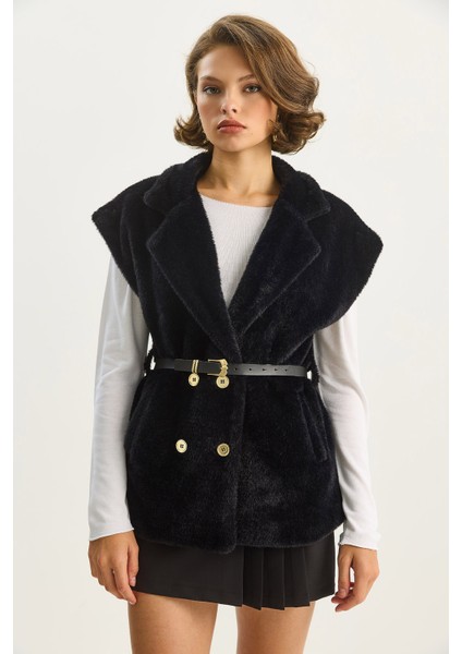 Kadın Suni Kürk Dokulu Kemerli Cep Detaylı Astarlı Yelek fiyatları