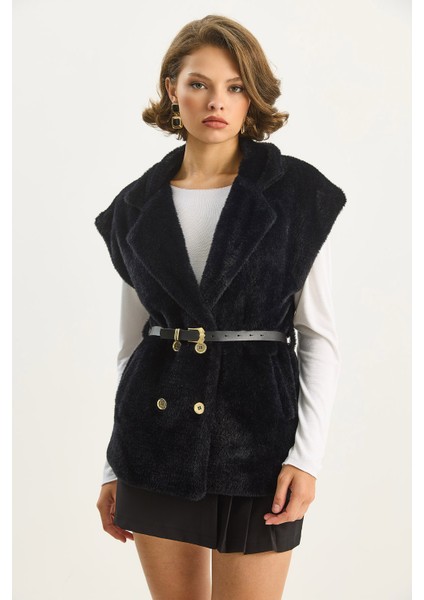 Kadın Suni Kürk Dokulu Kemerli Cep Detaylı Astarlı Yelek modelleri