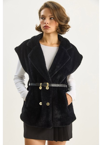 Kadın Suni Kürk Dokulu Kemerli Cep Detaylı Astarlı Yelek fırsatları