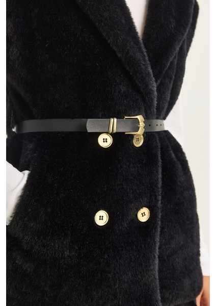 Kadın Suni Kürk Dokulu Kemerli Cep Detaylı Astarlı Yelek