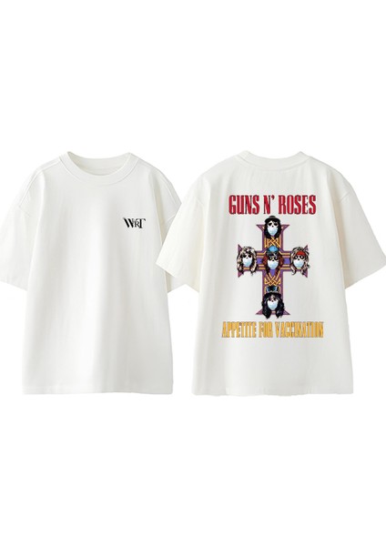 Guns N Roses Rock Müzik 12 Tasarım Sırt Baskılı Pamuk Beyaz Oversize T-Shirt