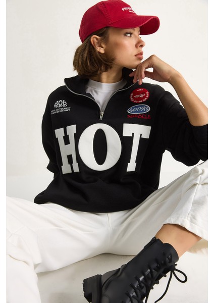Kadın Fermuarlı Dik Yaka Işlemeli Üç Iplik Şardonlu Oversize Sweatshirt fiyatları